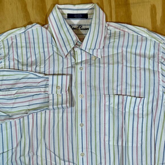 Alan Flusser Long Sleeve Button-Down Shirt White w/ Pastel Stripes Mens Large - Picture 1 of 9